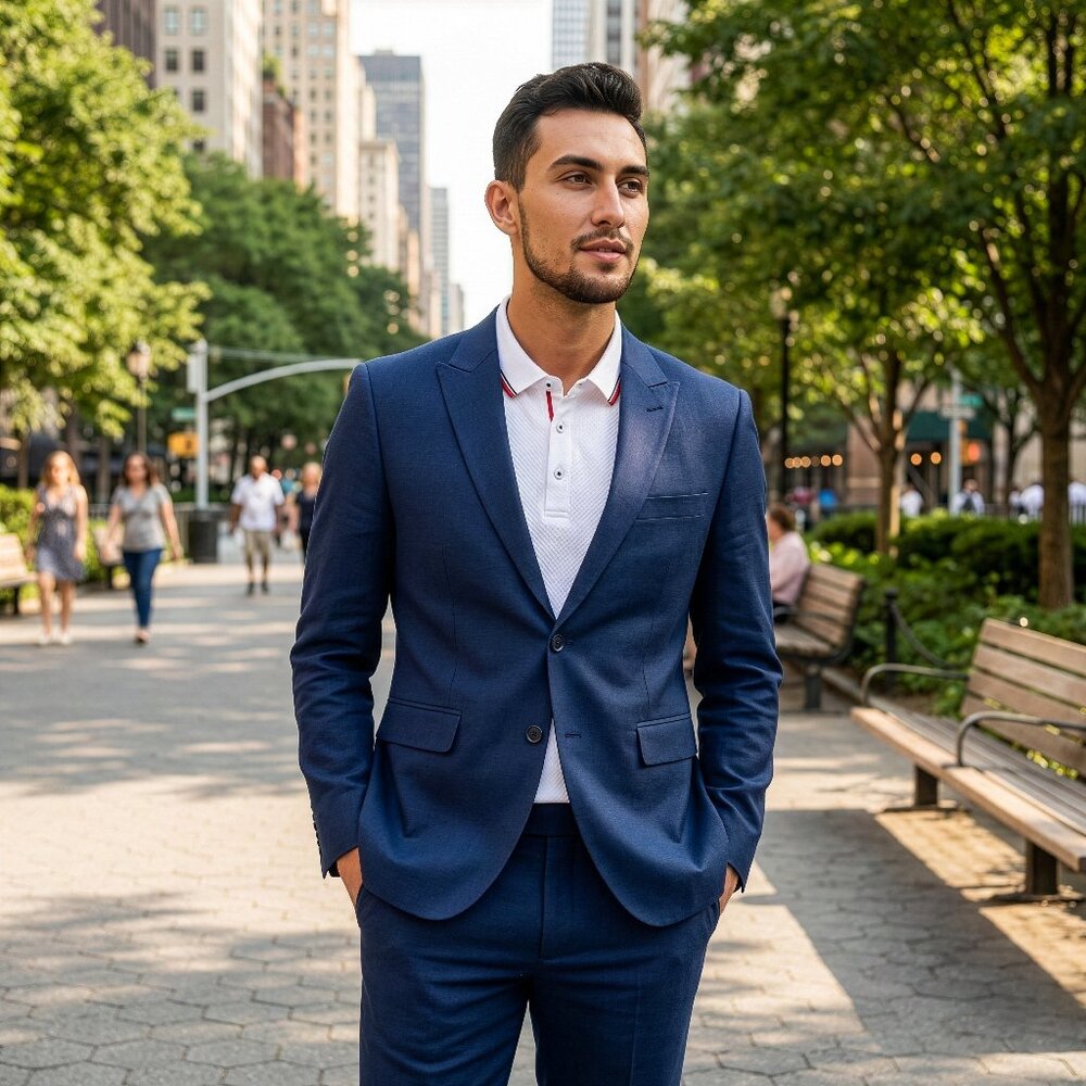 New 2026 Mens 2pc Linen Spring Navy Suit Set, Skinny Fit
